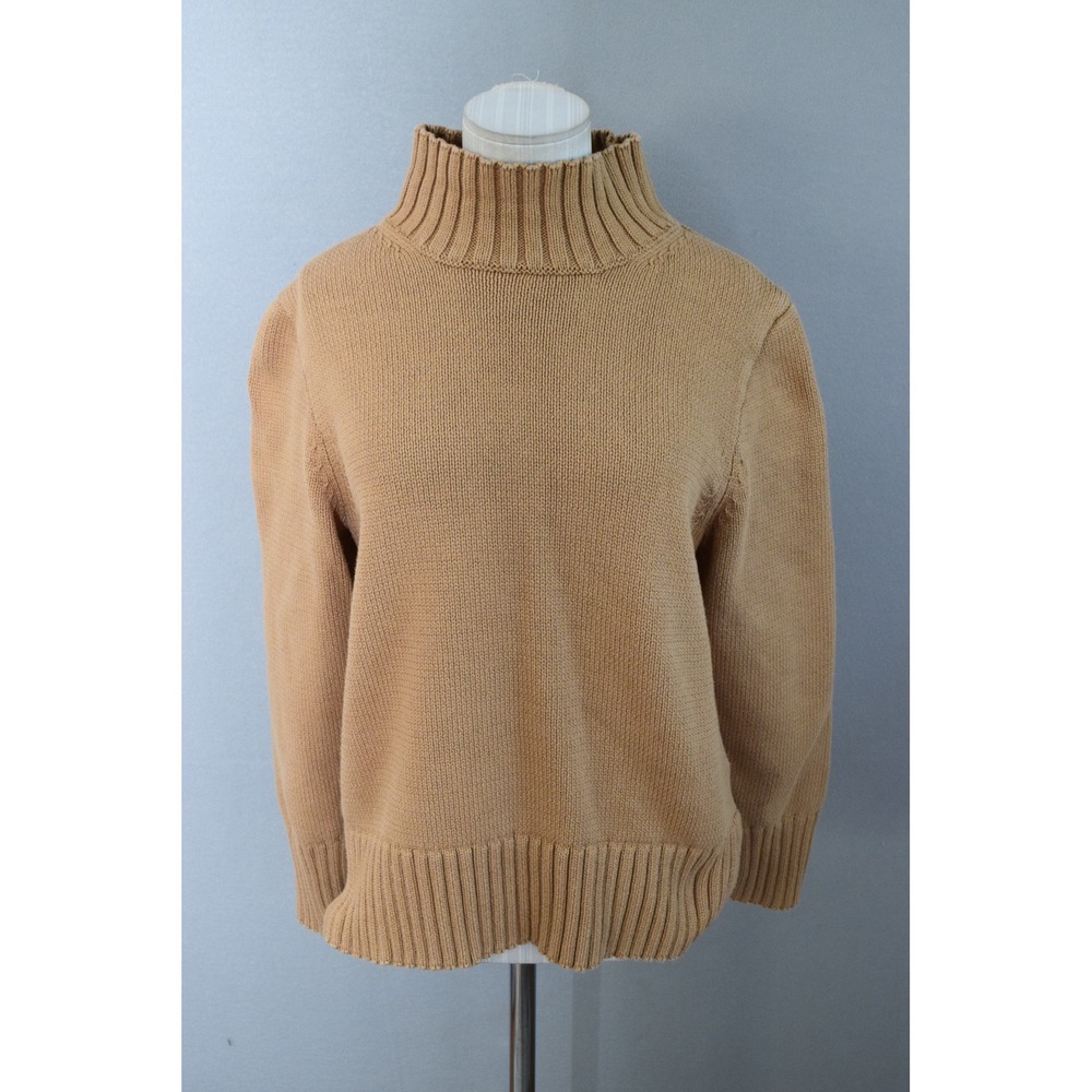 J Crew Mock Neck Sweater Medium Tan 100% Cotton Ribbed Pullover Womens CE700